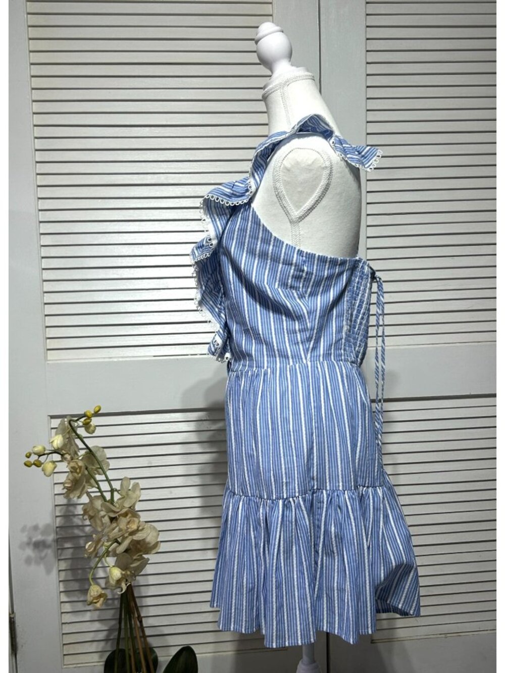 Anthropologie Seafolly Women's Blue White Striped Ruffle Sundress Size L 3302 - Picture 5 of 9